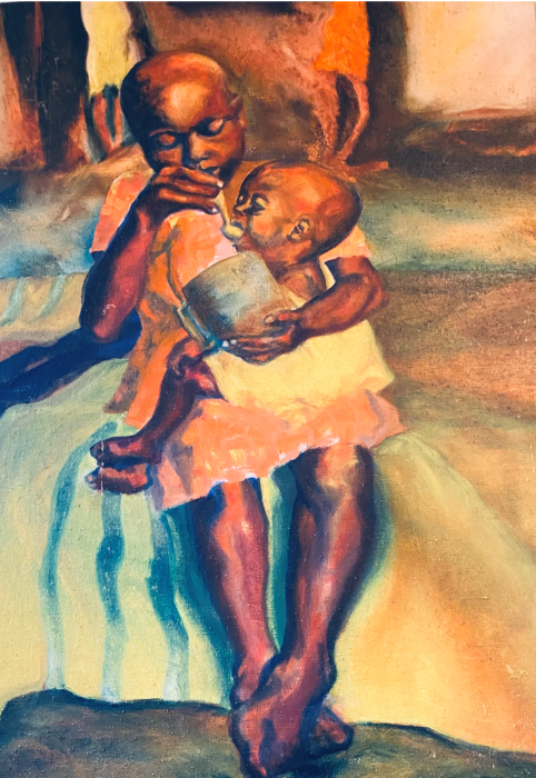 First oil painting of Biafran refugees